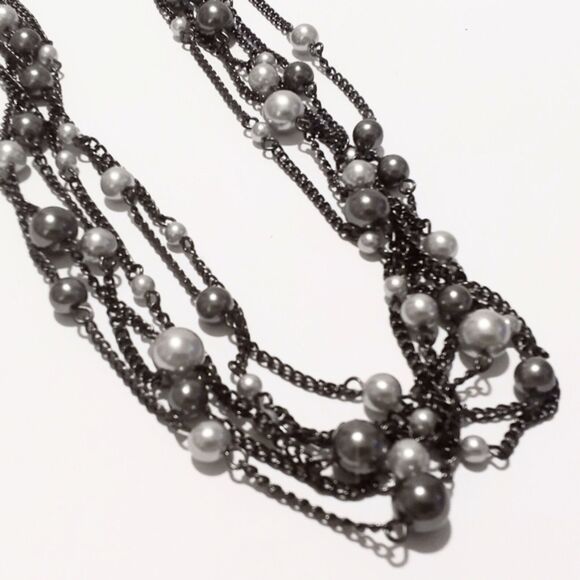RMN Gunmetal Multi Strand Faux Pearl Station Necklace Signed - Picture 3 of 5